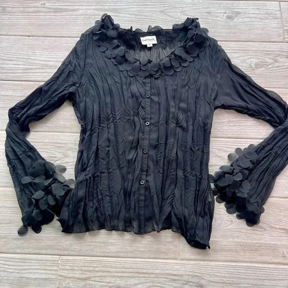 Claudia Richards Womens Black Sheer Pleated Fringe Long Sleeve Top‎ Size Medium - Picture 1 of 9